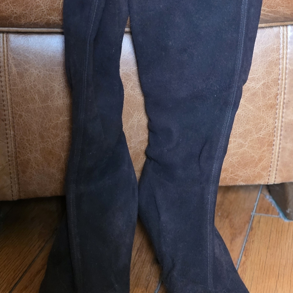 Stuart Weitzman Brown Faux Suede Knee-High Kitty Heeled Boots